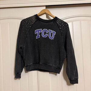 TCU Cropped Sweatshirt Womens Small Gameday Couture Studded Sleeves Dark Gray